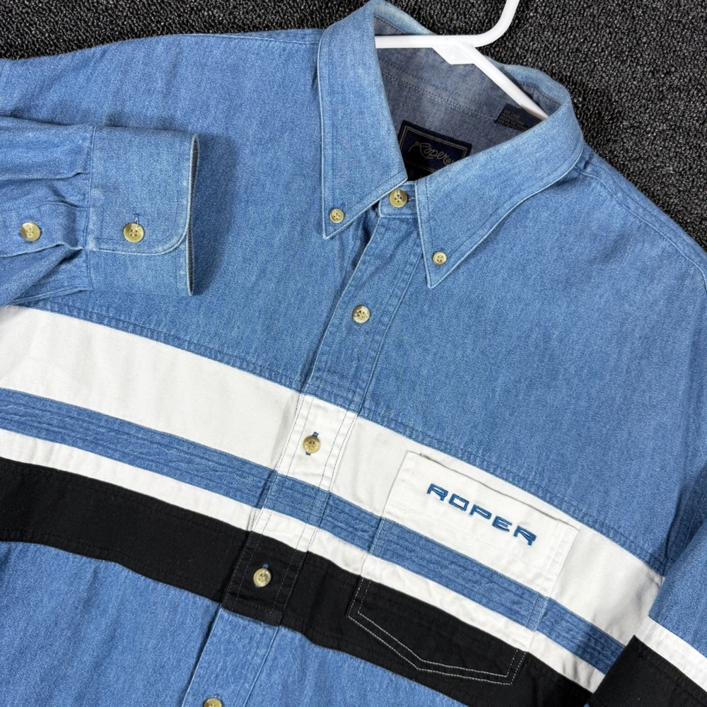 Roper Denim Colorblock Western Shirt Men's L Blue White Black Long Sleeve